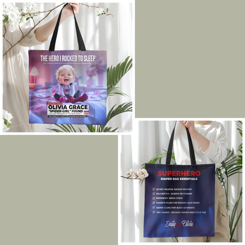 Personalized Baby Superhero Tote Bag – Custom Spider-Girl Gift with Name & Photo for Mom